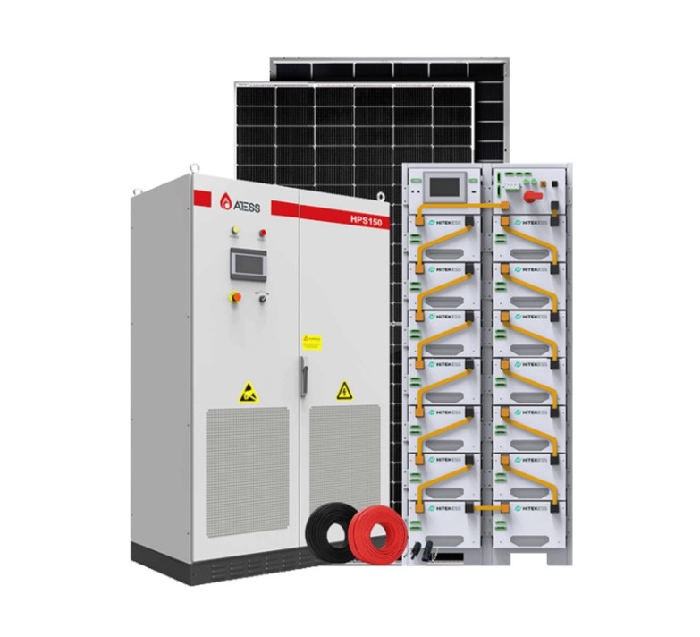 Sistema híbrido de energía solar industrial de 150 kW con batería de 286 kWh.